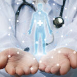 conceptual image for integrative image of a doctor holding an image of an opaque man in his hands